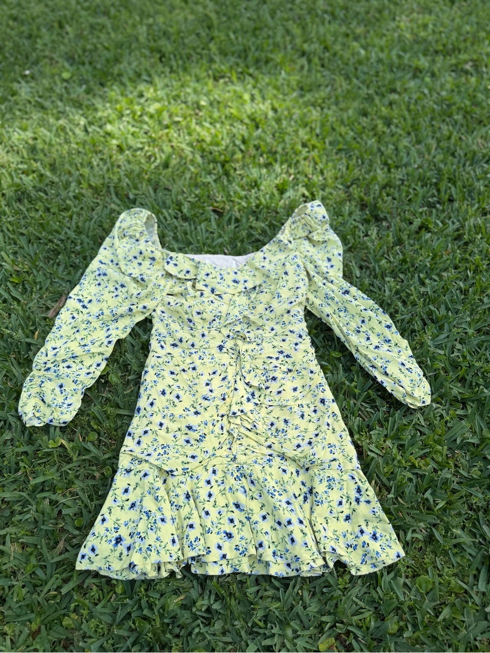 Yellow Floral Ruched Mini Dress Puff Sleeve Cottagecore Size S - Picture 2 of 7